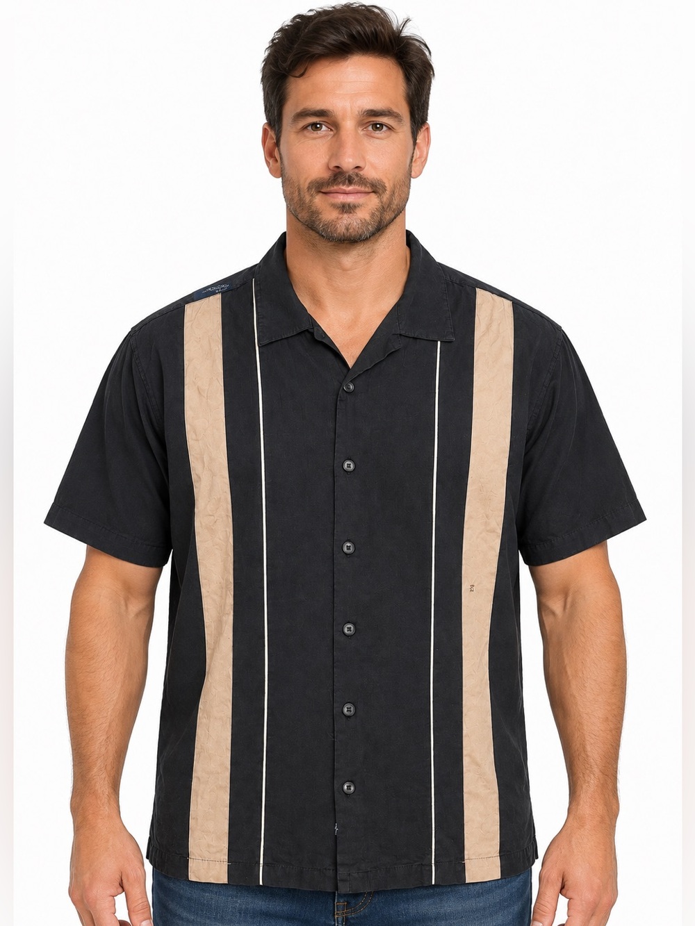 Toscano Silk Rayon Shirt Men’s M Black Tan Striped Camp Collar Short Sleeve